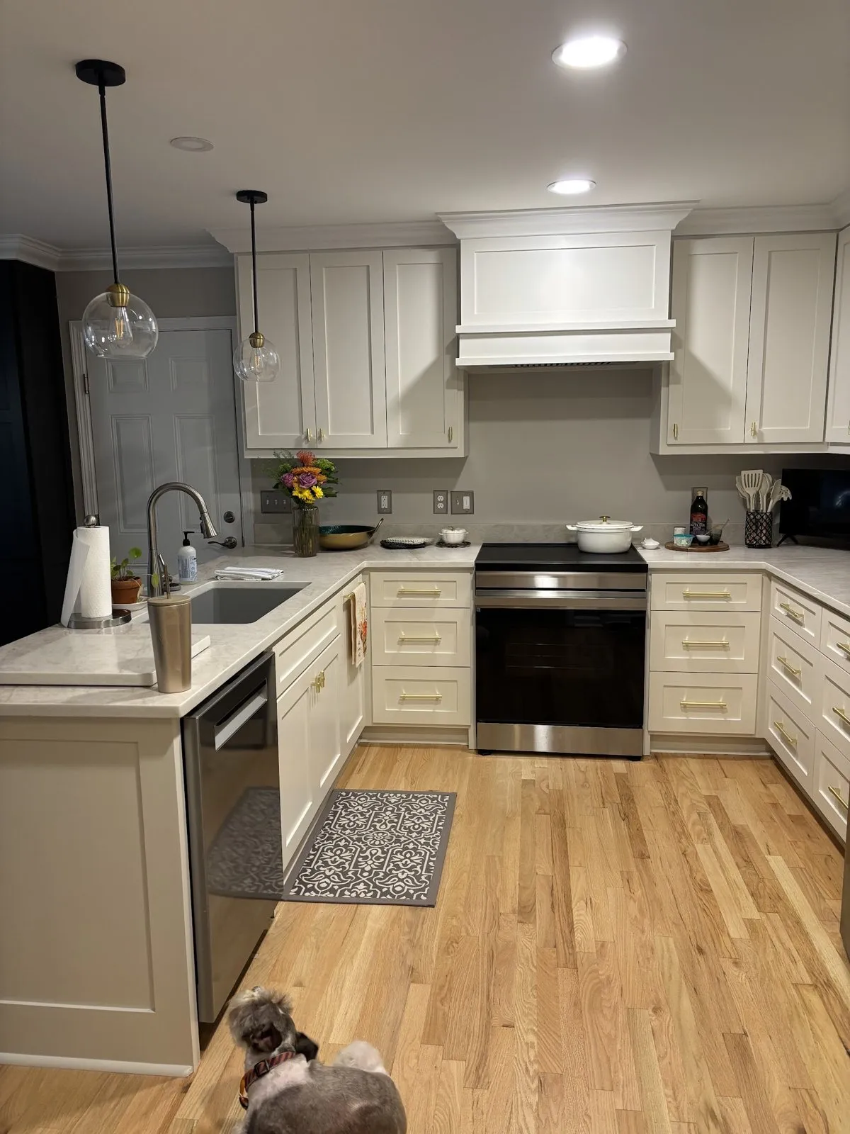 After: oak refinished to a natural tone in the kitchen