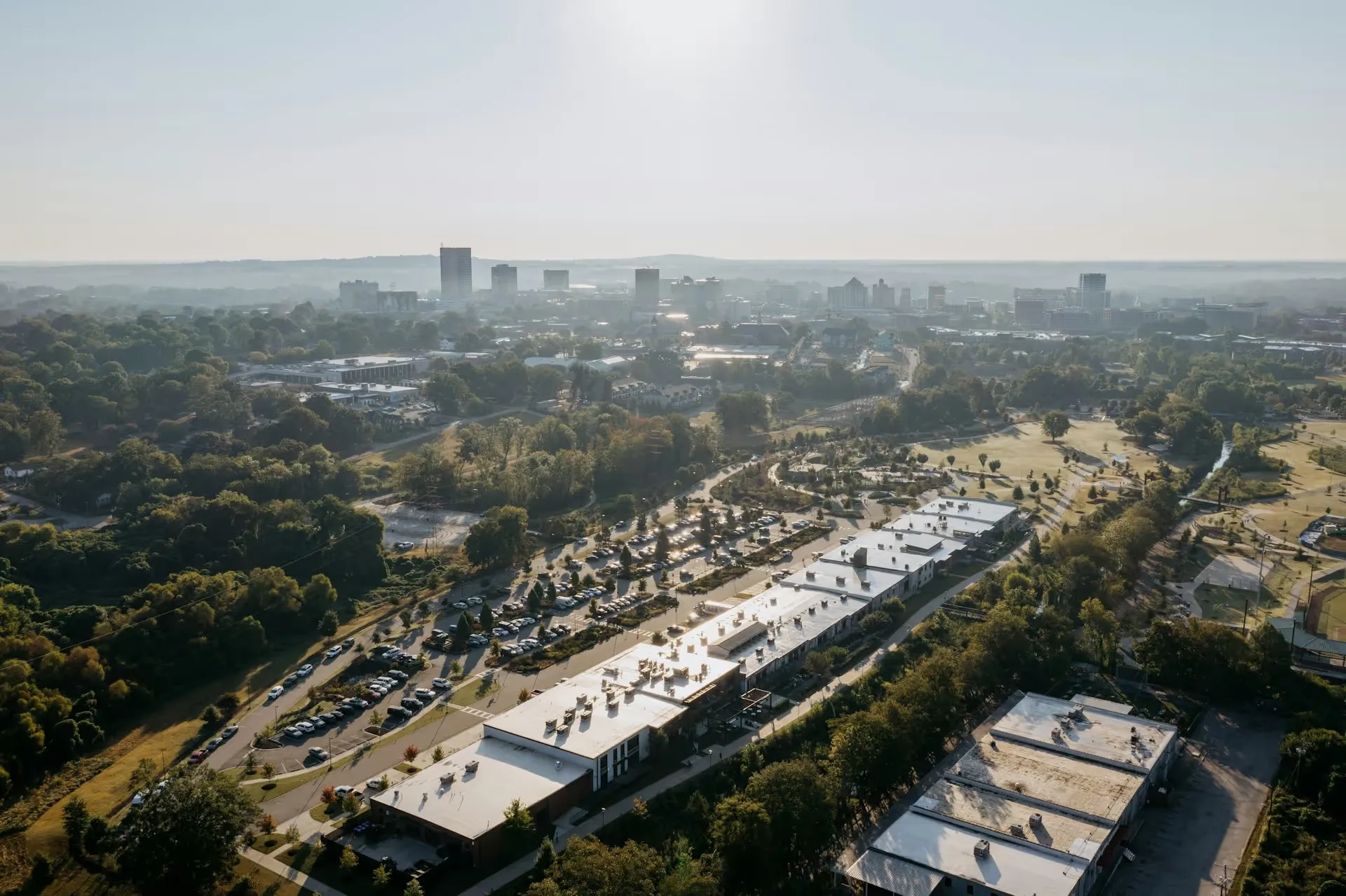 An aerial shot of Unity Park in Greenville, SC, where Andy Maxey of AMAX Flooring serves homeowners
